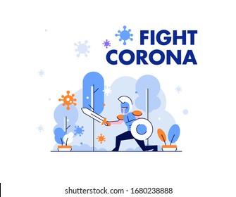 Healthcare medical man and woman protect and fight corona, covid 19 shielding, defending people character flat design gradient style Vector Illustration