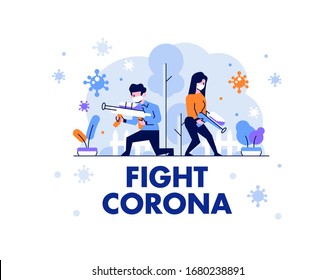 Healthcare Medical Man And Woman Protect And Fight Corona, Covid 19 Shielding, Defending People Character Flat Design Gradient Style Vector Illustration