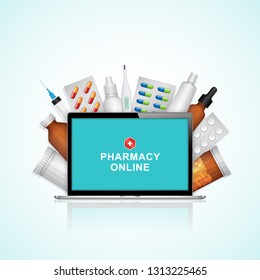 Healthcare and medical online computer notebook with bottles set medicine, pills, healthcare and pharmacy on website for hospital and clinic vector illustration