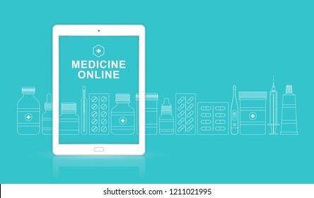 Healthcare And Medical Online Ipad With Bottles Set Medicine, Pills, Healthcare And Pharmacy On Website For Hospital And Clinic Vector Illustration