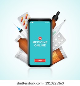 Healthcare and medical online phone with bottles set medicine, pills, healthcare and pharmacy on website for hospital and clinic vector illustration