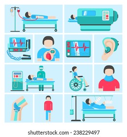 Healthcare medical patient respiratory monitoring apparatus life support infuse system flat icons set abstract isolated vector illustration