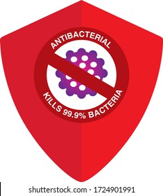 Healthcare Medical Red Protection Shield Vector Sign/Symbol:  Antibacterial Kills 99.9% Bacteria