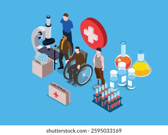 Healthcare and Medical Research for Disability and Patient Care 3d flat vector illustrations