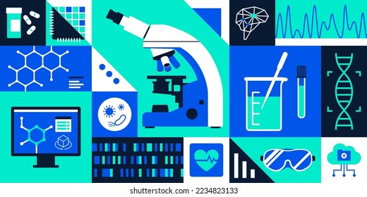 Healthcare, medical research, technology and innovation background with icons