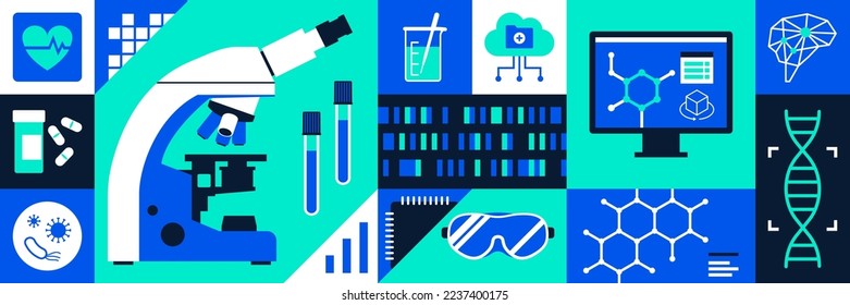 Healthcare, medical research, technology and innovation background with icons