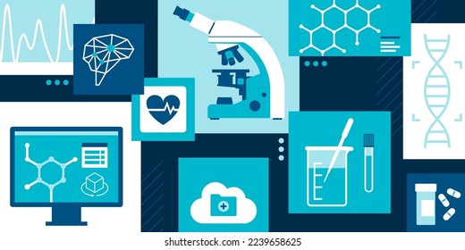 Healthcare, medical research, technology and innovation background with icons