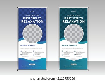 Healthcare and medical  roll up banner design, standee and banner template decoration for exhibition, printing, presentation and brochure flyer concept vector with modern layout