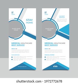 Healthcare and medical roll up banner design.Vertical x banner, standee and banner template, health care, dental care, printing, presentation and brochure flyer concept vector illustration.
