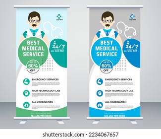 Healthcare and medical roll up and standee design banner, Corporate Medical roll up banner vector template design or poll up standee for healthcare hospital.