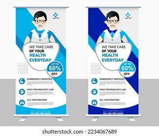 Healthcare and medical roll up and standee design banner, Corporate Medical roll up banner vector template design or poll up standee for healthcare hospital.