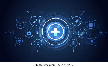 Healthcare medical science healthcare icon digital technology world concept modern business innovation, treatment, medicine. abstract about hi tech future blue background and medical research. vector.