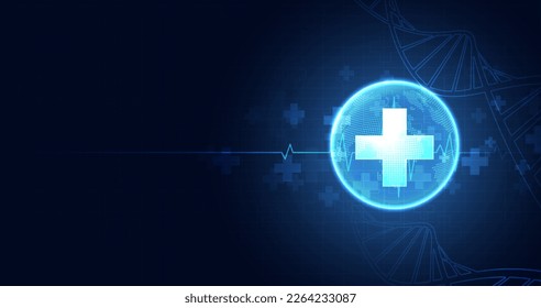 Healthcare medical science healthcare icon digital technology world concept modern business innovation, treatment, medicine. abstract about hi tech future blue background and medical research. vector.