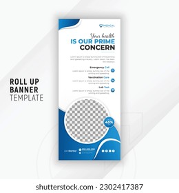 Healthcare and medical service rollup banner or vertical X banner design template with white background