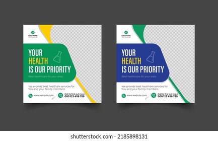 Healthcare Medical Service Social Media Promotion Banner. Hospital Clinic Doctor And Nurse Ads Banner Marketing Template 