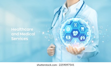 Healthcare, Medical services. Doctor holding in hand abstract 3D sphere or globe with surface of hexagons with medical icons. Health care, Medicine technology network concept. Vector illustration.