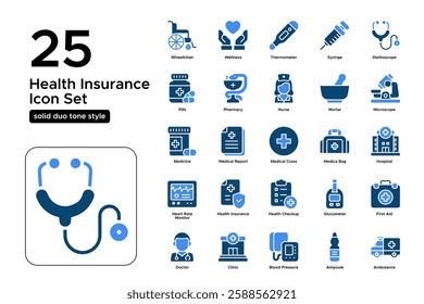 Healthcare and Medical Services. Hospitals, Doctors, and Patient Care. Vector Illustration. Solid duo tone icon set