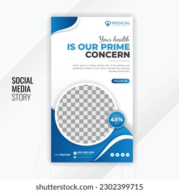 Healthcare and medical services social media story design template with white background and blue abstract gradient colorful shapes