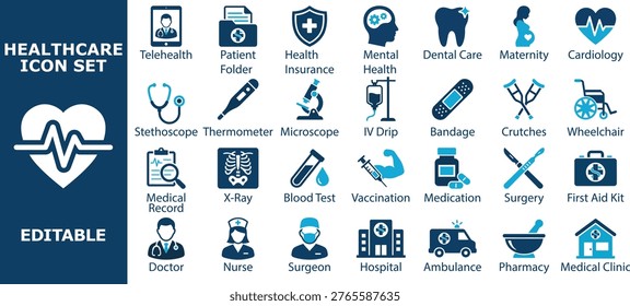 Healthcare and Medical Services solid icon set. Featuring Telehealth Stethoscope X-ray Vaccination Surgery Ambulance Doctor Nurse Hospital and Pharmacy. Editable vector icons for clinics and health apps.