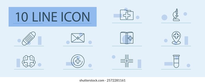 Healthcare and medical set icon. Mask, email, microscope, folder, cross, location, test tube, brain, book, shield