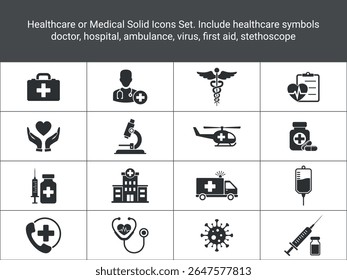 Healthcare or Medical Solid Icons Set. Include healthcare symbols doctor, hospital,
ambulance, virus, first aid, stethoscope, microscope. medical-related icons set