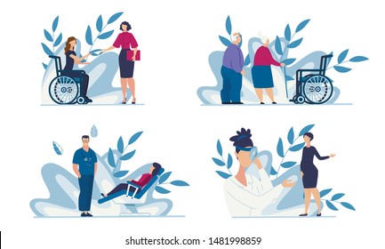 Healthcare and Medical Support for People Having Different Opportunities Cartoon Set. Hiring Disabled Woman, Home Sitting and Nursing for Pensioners, Womens Consultation. Vector Flat Illustration