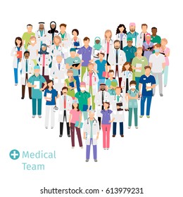 Healthcare medical team in shape of heart. Hospital staff health professionals group in uniform for your concepts. Vector illustration
