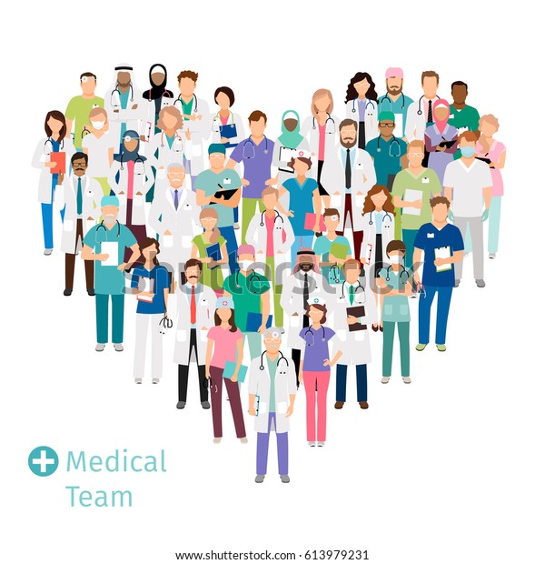 Healthcare medical team in shape of heart.\
Hospital staff health professionals group in uniform for your\
concepts. Vector\
illustration