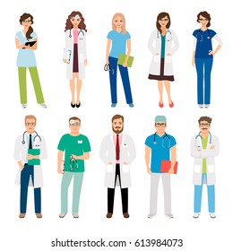 Healthcare medical team workers isolated on white background. Smiling doctors and nurses in uniform for health care projects. Vector illustration