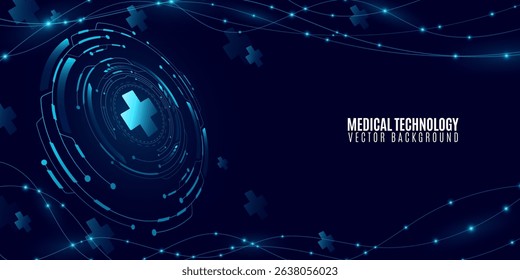Healthcare medical technology background with digital interface elements. Features glowing blue HUD circles with cross symbol and dynamic light lines on a dark blue backdrop. Vector illustration.