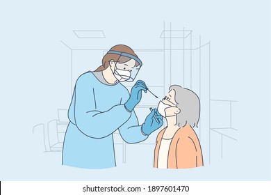 Healthcare and medical testing for COVID-19 concept. Professional medical worker woman nurse wearing personal protective equipment testing senior woman for dangerous disease using test stick