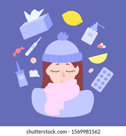 Healthcare and medical treatment concept. Ill female caracter surounded by pharmacy drug. Medicine pill for disease treatment. Seasonal flue treatment. Flat vector illustration