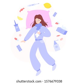 Healthcare and medical treatment concept. Ill female caracter surounded by pharmacy drug. Medicine pill for disease treatment. Seasonal flue treatment. Flat vector illustration