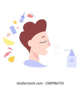 Healthcare and medical treatment concept. Ill male caracter get treated with throat spray. Medicine pill for disease treatment. Seasonal flue treatment. Flat vector illustration