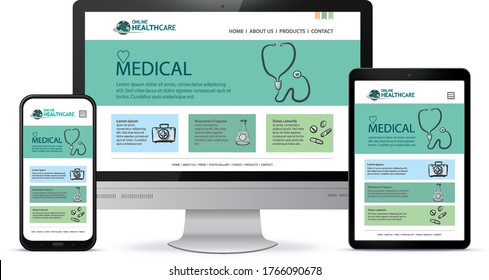 Diseño de interfaz de usuario médica y de salud para sitio web y aplicación móvil. Monitor de computadora de escritorio, Tablet PC e Ilustración de vectores de teléfono móvil.