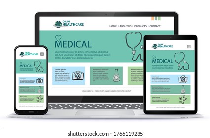 Diseño de interfaz de usuario médica y de salud para sitio web y aplicación móvil. Portátil, Tablet PC y Vector de Teléfono Móvil Ilustración.