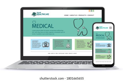 Healthcare and Medical User Interface Design for Web Site and Mobile App. Laptop and Mobile Phone Screen Vector Illustration.