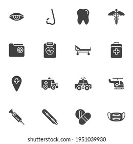 Healthcare and medical vector icons set, modern symbol collection, filled style pictogram pack. Signs, logo illustration. Set includes icons as dental service, pharmacy, cardiology, emergency car