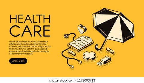 Healthcare medical vector illustration for clinic or hospital service. Doctor stethoscope, medicine pills and pharmacy cross in isometric black thin line design on yellow halftone background