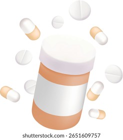 Assistência Médica e Medicação 3D Renderização de uma Garrafa de Prescrição com Pílulas Flutuantes e Comprimidos Ideal para Anúncios de Farmácia Blogs de Saúde e Conteúdo Médico