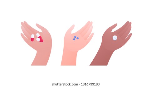 Healthcare medication and vitamin concept. Vector flat modern illustration set. Human hands of different skin color holding capsule pill. Design element for medical banner, web, infographic.