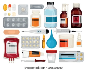 Healthcare medications set of isolated icons with syrup bottles pills thermometers with pipette and vaccine ampoules vector illustration