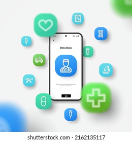 Healthcare, medicine business, health care, online doctor and medical support concept. Realistic smartphone mockup, 3d icons flying over screen. Application development, ui design background. Vector