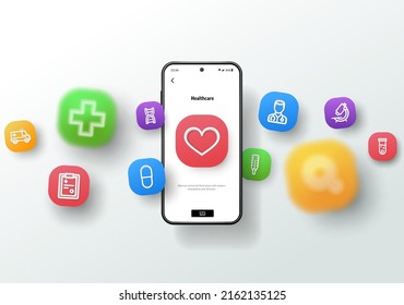 Healthcare, Medicine Business, Health Care, Online Doctor And Medical Support Concept. Realistic Smartphone Mockup, 3d Icons Flying Over Screen. Application Development, Ui Design Background. Vector