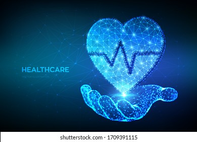 Healthcare, medicine and cardiology concept. Heart icon with heartbeat line in hand. Abstract low polygonal heart with ecg line - symbol of medical care, emergency service. Vector illustration. - Shutterstock ID 1709391115