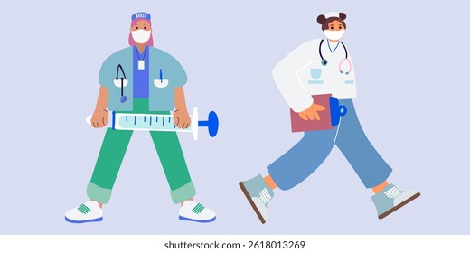 Healthcare and medicine characters collection. Medical clinic workers. Cartoon male and female nurse and doctor characters with various poses, face emotions and gestures. 