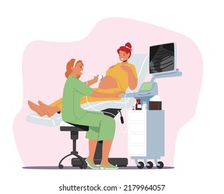 Healthcare, Medicine Concept. Female Doctor Scanning Young Pregnant Woman Stomach with Ultrasound Diagnostic Machine. Patient Lying on Couch in Chamber with Mri Scanner. Cartoon Vector Illustration