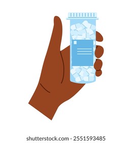 Healthcare and medicine concept illustration. African american hand holding a pill bottle with white tablets inside