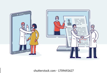 Healthcare And Medicine Concept. Male And Female Characters Visit Doctors Online. People Reserving Meetings With Doctors To Get Medical Consultation. Cartoon Linear Outline Flat Vector Illustration