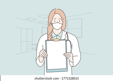 Healthcare, medicine, coronavirus, infection, diagnosis concept. Young woman girl doctor nurse character with medical face mask holding board. 2019ncov protection and covid19 desease illustration.